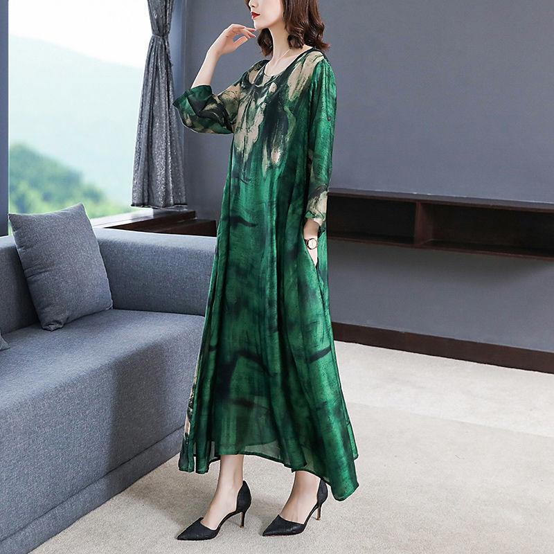 Green M-XXXXL Women's Summer Dress Middle-aged 3/4 Sleeve Round Neck Printing Length To Calf Daily Wear Homewear