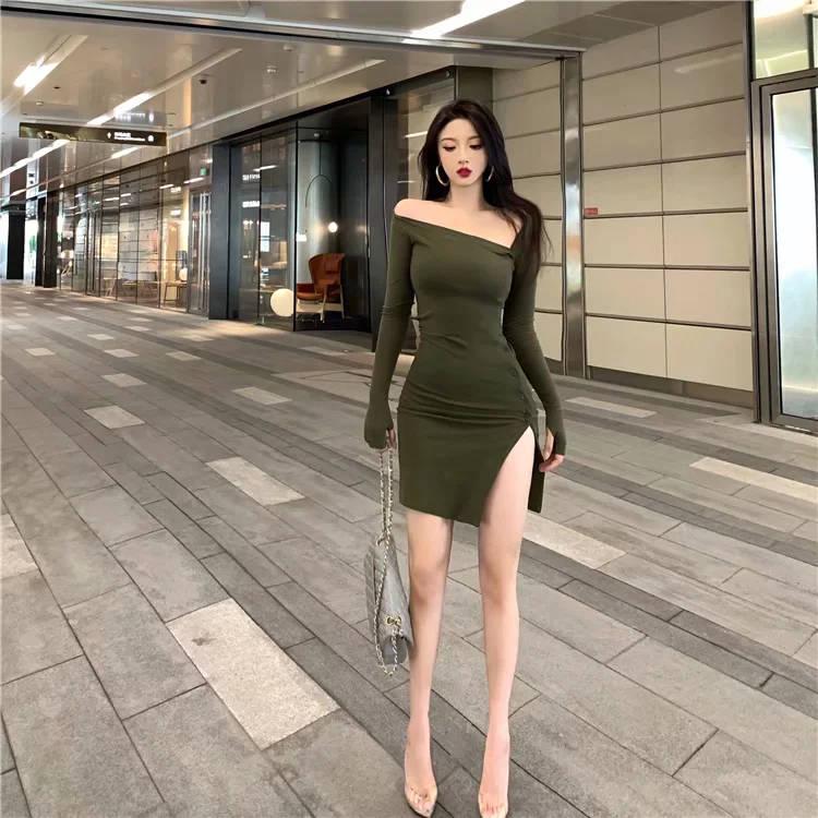 Sexy Oblique Shoulder Irregular Waist Slimming Split Split Dress Female Net Red Envelope Hip Skirt
