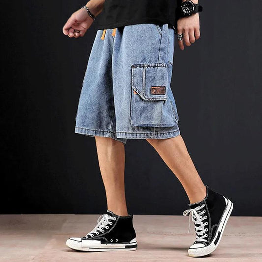 Denim Shorts Men's Summer Loose Large Size Five Pants Trend Casual Elastic Waist Multi-pocket Workwear Pants Men