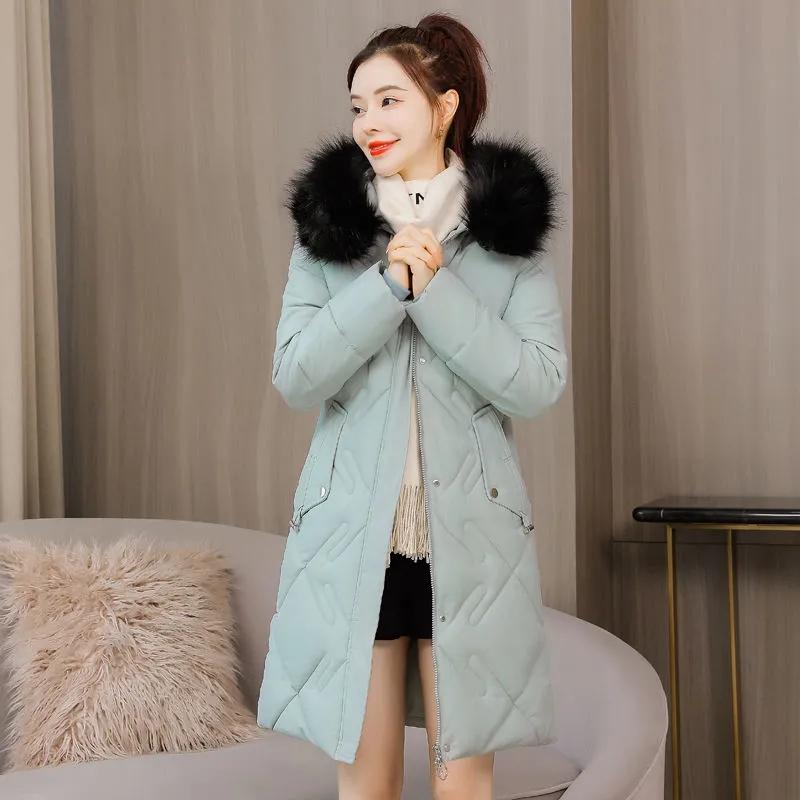 Winter Women's Long Jacket Casual Warm Coat Hooded Fur Collar Slim Padded Jackets Outwear Solid Color Zipper White Balck