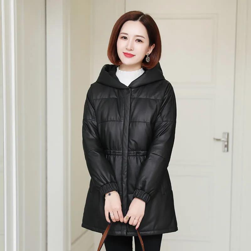 Women's Fashion Fall Winter Jacket Loose Hooded Leather Jacket Jacket Motorcycle Jacket
