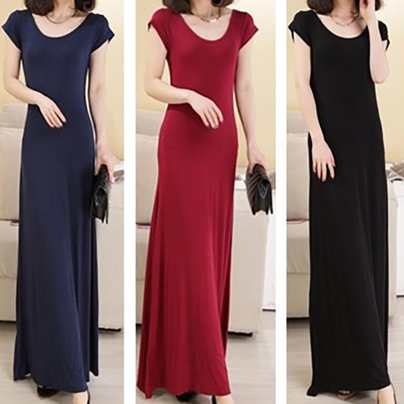 Fashion Long Maxi Dress Cotton Short Sleeve Crew Neck Elastic Backless Summer Dress Party Dress