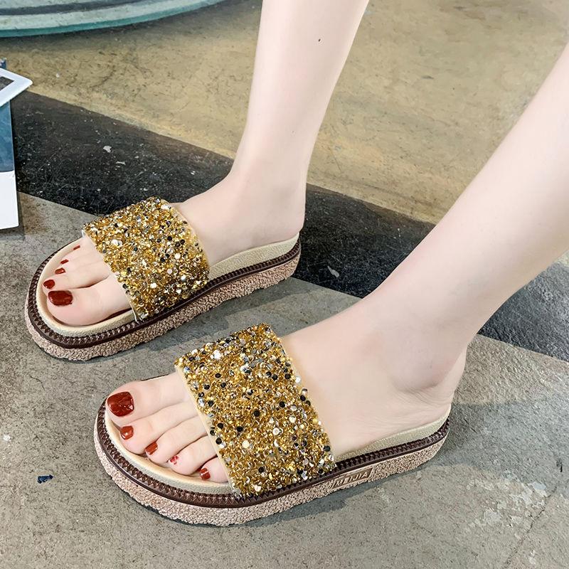 Slippers Women’s Summer Fashion Outer Wear Sponge Cake Thick Bottom Flip Flops Sequins Sandals Flat Sandals Beach Shoes