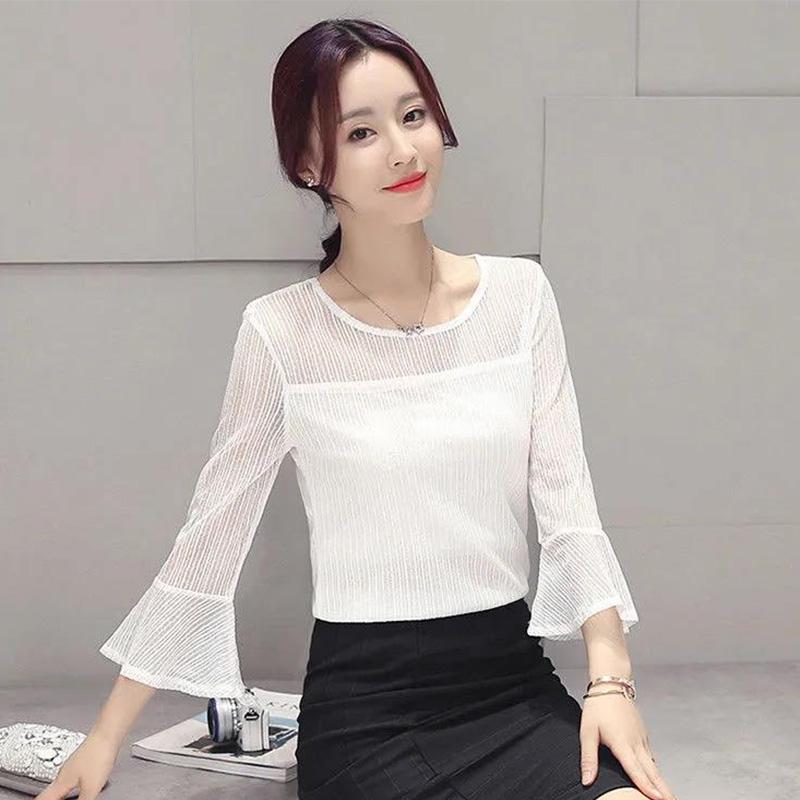 Flared Sleeve Mesh Bottoming Shirt Lace Spring and Summer Plus Size Women's Three-quarter Sleeve Top