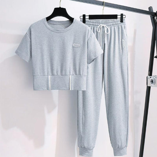 Sports Suit Women's Summer Casual Solid Color Short-sleeved Short Loose T-shirt Waist Nine-point Pants Two-piece Set