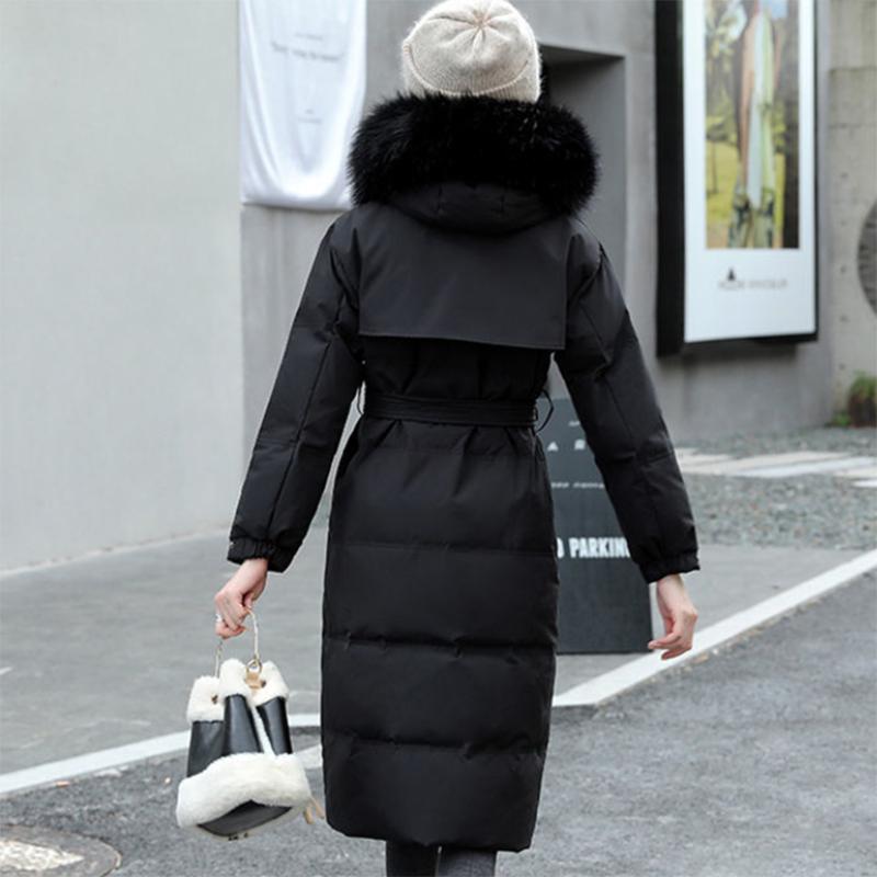 Women's Solid Color Hooded Down Jacket  Long Korean Loose Thick Coat Warm Cotton Coat  Large Wool Collar Winter Quilted Coat