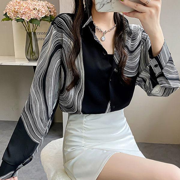 Long-sleeved Casual Tops Large Size Loose Chiffon Shirts Women's Spring and Autumn Lapel Elegant Printed Blouses