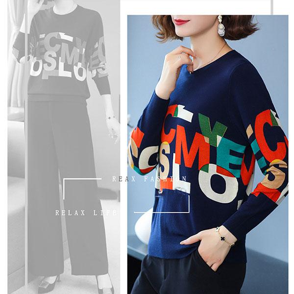 Fall Winter Woolen Sweater Contrast Letter Printed O-Neck Long-sleeve Bottoming Sweater Ladies Pullover Knit Jumper