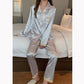 Women's Spring Autumn Long-sleeved Pajamas Set Thin Ice Silk Embroidered Homewear Sexy Simulation Silk Casual Suit Outer Wear Pyjamas Sleeping Suit