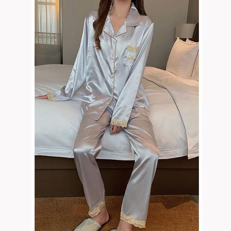 Women's Spring Autumn Long-sleeved Pajamas Set Thin Ice Silk Embroidered Homewear Sexy Simulation Silk Casual Suit Outer Wear Pyjamas Sleeping Suit