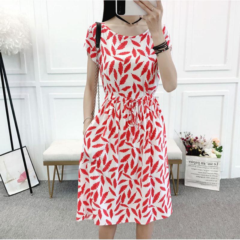 Mid Length Floral Cotton Silk Dress Small Waist Covering Belly Skirt