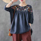 Retro Embroidered Round Neck Short Sleeve T-Shirt Women's Loose Shirt Summer Half Sleeve Cotton Top