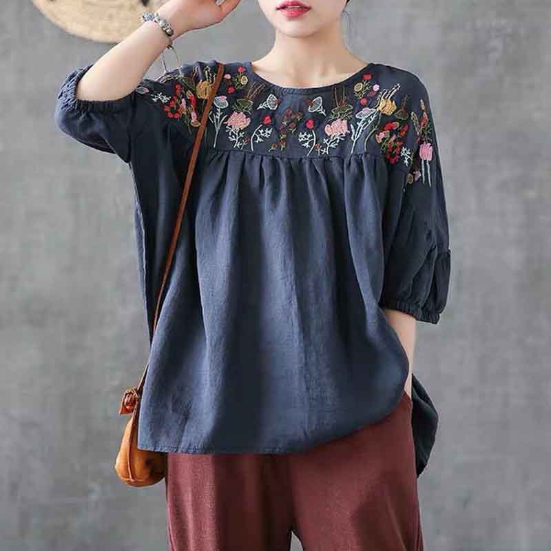Retro Embroidered Round Neck Short Sleeve T-Shirt Women's Loose Shirt Summer Half Sleeve Cotton Top
