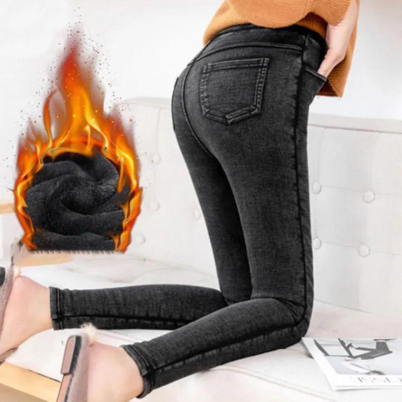 Snowflake Black Plus Velvet Cropped Trousers Women's Winter Slimming Leggings Thick Stretch Pants Outer Wear Slim Warm Jeans