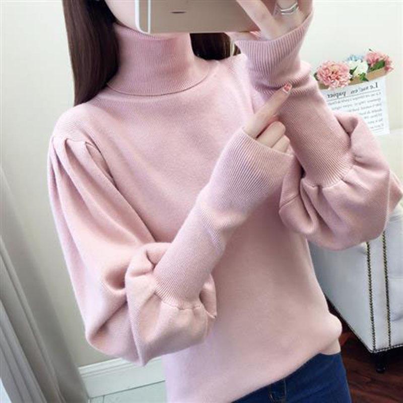 Women's Turtleneck Sweater Autumn Winter Lantern Sleeve Knit Top Loose Solid Color Pullover Sweater loose knitwear