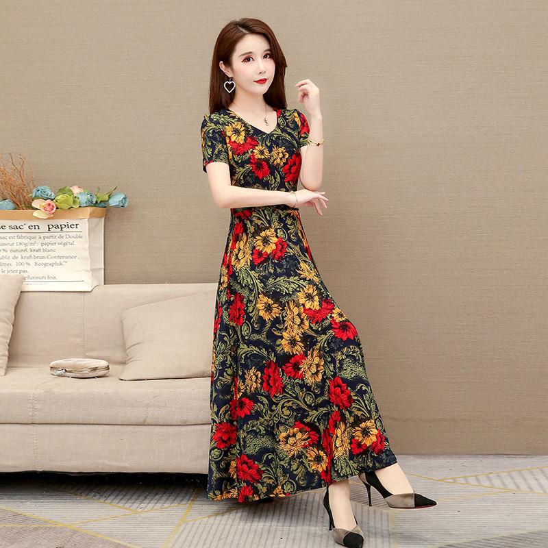 Summer Women's Short-sleeved Women's Dress V-neck Printed Long Dress Slim Fit Thin Large Swing Dress A-line Waist Dress Rice Fabric Is Soft and Light