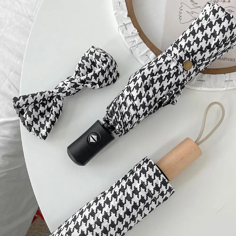 Houndstooth Umbrella Female Ins Sen Department Simple Rain and Rain Dual-use Student Folding Automatic Strong