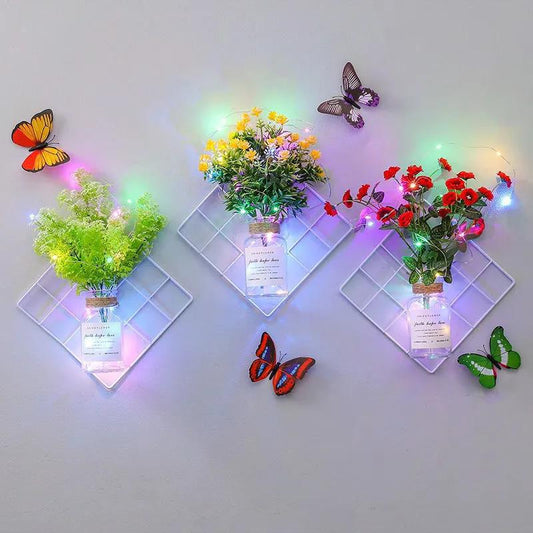 Art Flower Combination Set Wall Mounted Flower Stand Plastic Imitation Flower Decoration with Colorful Light Strip