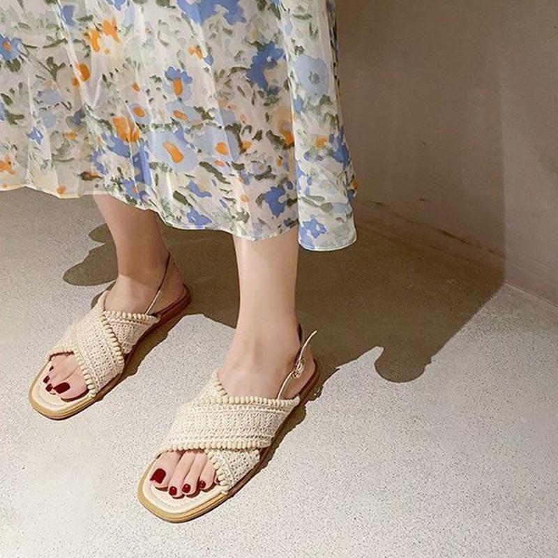 Roman Sandals Female Fairy Style Ethnic Korean Wild Retro Open-toed Cross Strap Flat Shoes