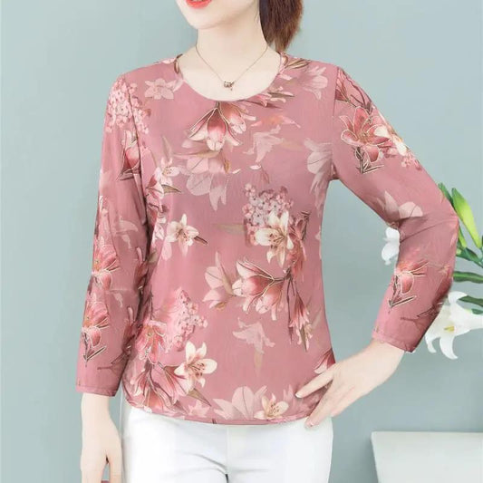 Spring and Autumn Women's Floral Loose Top Bottoming Shirt Mother Round Neck Long-sleeved T-shirt  Women