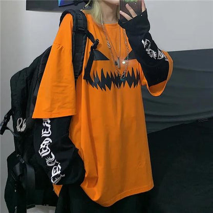 Dark Gothic Funny Pumpkin Fake Two Loose Long Sleeve T-shirts Modern Fashion Long Sleeve Clothing
