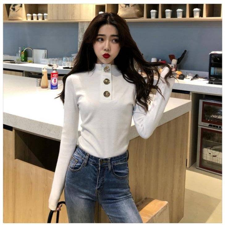 Button Design Slim Sweater Women's Autumn and Winter Wild Solid Color Bottoming Shirt