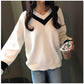Winter Sweater Female Stripe V-neck Sweater Loose Lazy Wind Sweater College Wind Bottoming Shirt