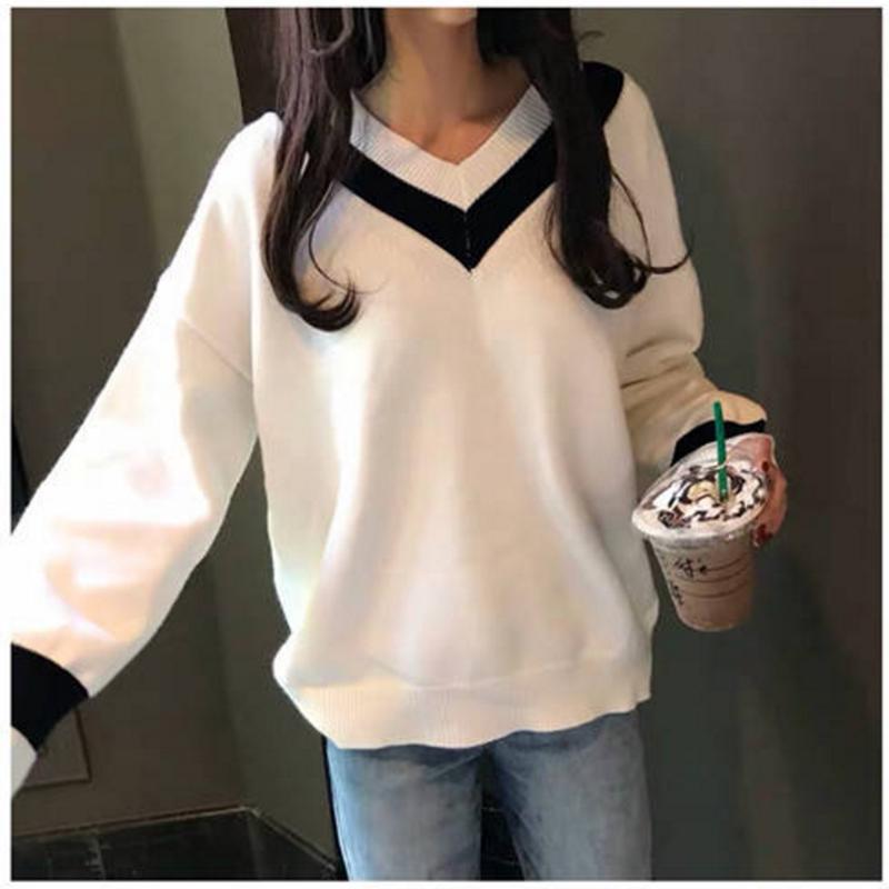 Winter Sweater Female Stripe V-neck Sweater Loose Lazy Wind Sweater College Wind Bottoming Shirt