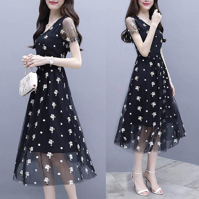 Pofulove S-3XL Women Summer V-neck Chiffon Mesh Dress Slim Sexy Short-sleeved Long A-line Dress