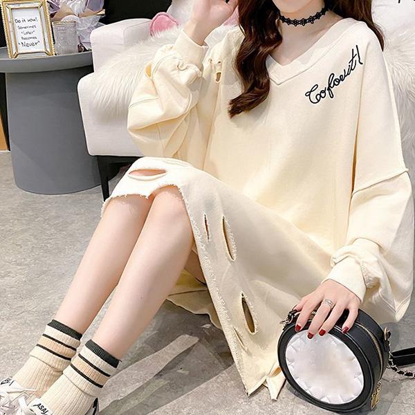 Mid-length Loose Plus Size Sweater Women Long-sleeved V-neck Ripped Tops Spring and Autumn Thin Bottoming Shirt