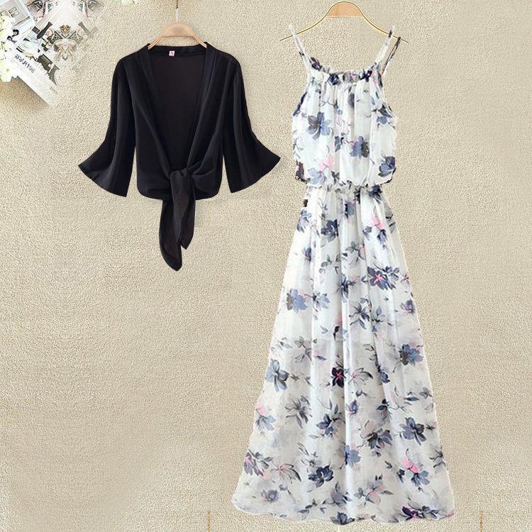 Pofulove Women Summer Dress Set Long Sleeve blouse Long Floral slip Dress Two-Piece Top Dress suit