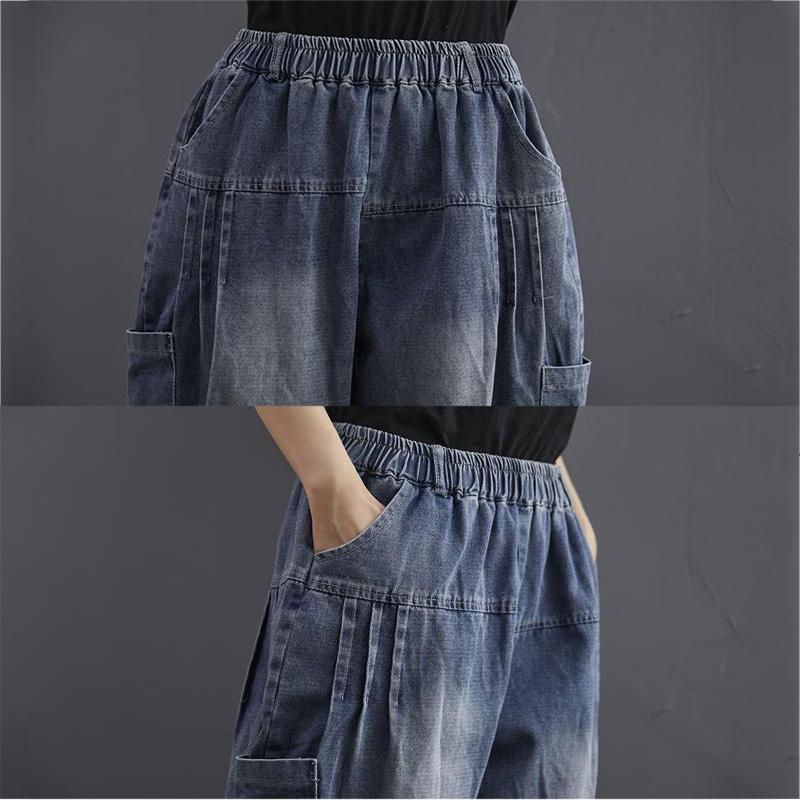 WTEMPO Summer Harem Pants Plus Size Elastic Waist Women's Jeans Loose Wide Leg Straight  Denim Big Pocket Trousers