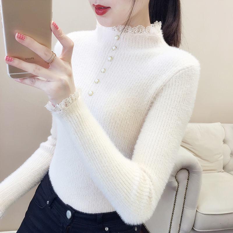 Half High Collar Imitation Mink Velvet Women's Sweater Bottoming Shirt Winter Lace Sweater Top