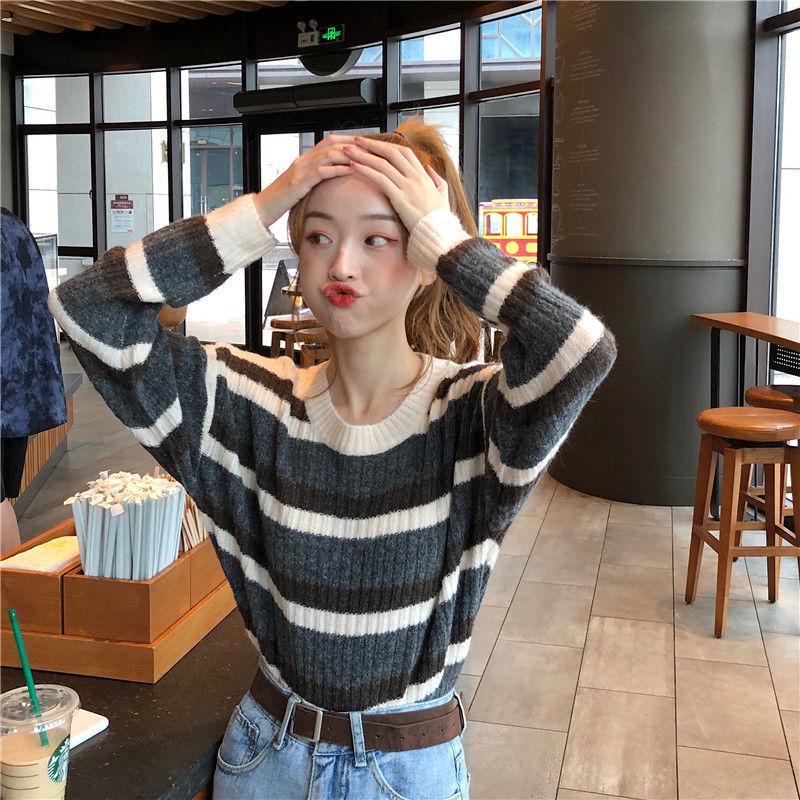 Spring and Autumn Loose Sweater Round Neck Striped Pattern Jacket Fashion Casual Young Women's Top