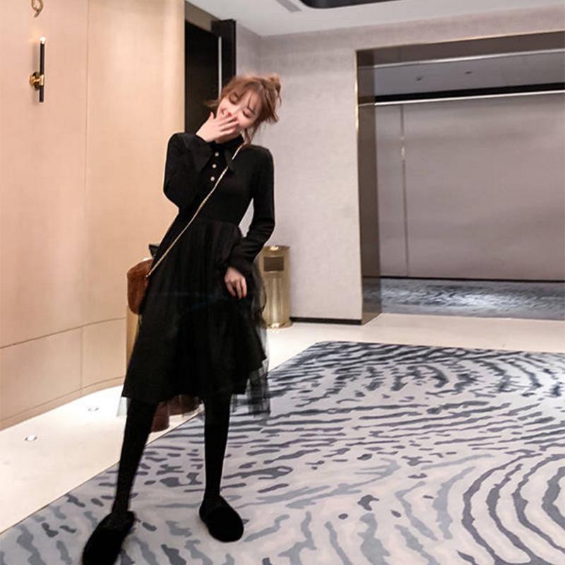 Pofulove Bottoming Black Skirt Ladies Super Fairy Mesh Stitching Dress Plus Velvet Midi Fairy Skirt