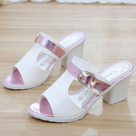 Sandals  Women Summer Korean Style Small Thick Heel High Heels Mid-heel Buckle  All-match Open-toed Women's Shoes