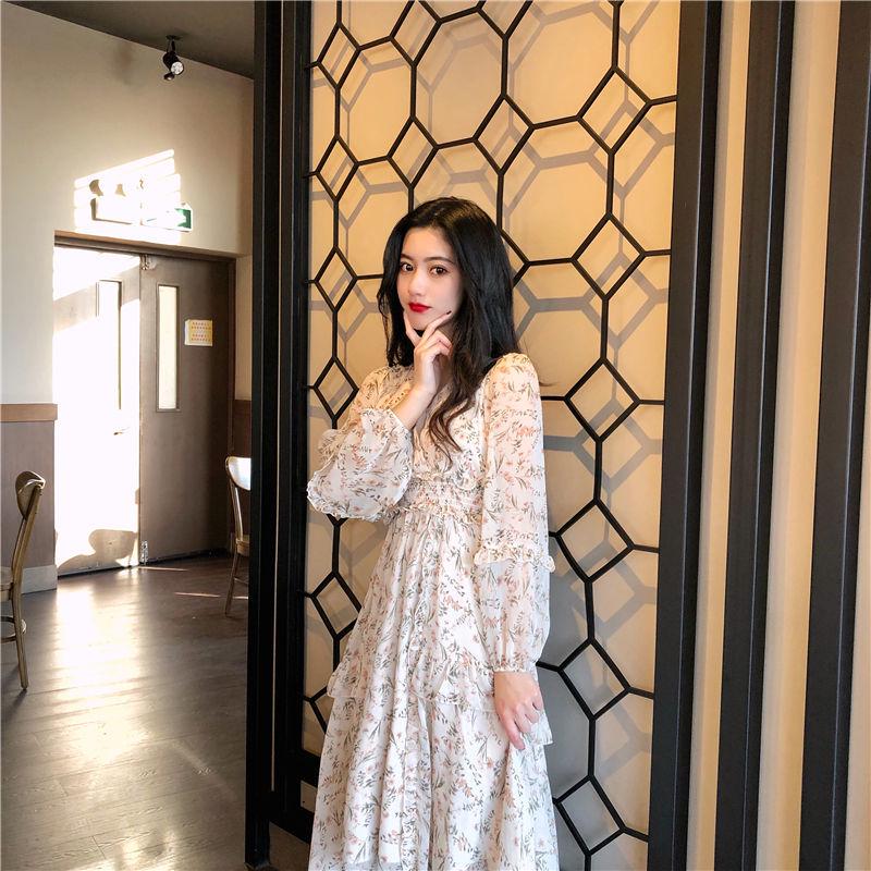 Summer Beach Maxi Dress Women Floral Print Boho Chiffon Dress Ruffles Casual V-Neck Party Dress Robe