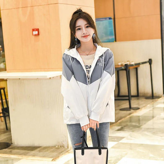 Women's Jacket Loose Baseball Uniform All-match Sun Protection Clothing Women's Hooded Drawstring Design Loose Casual Jacket