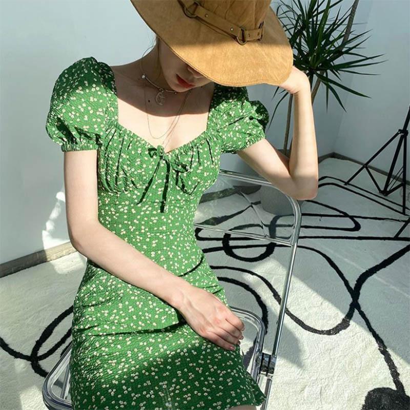 Small Sexy French Floral Dress Sweet Green Waist Skirt