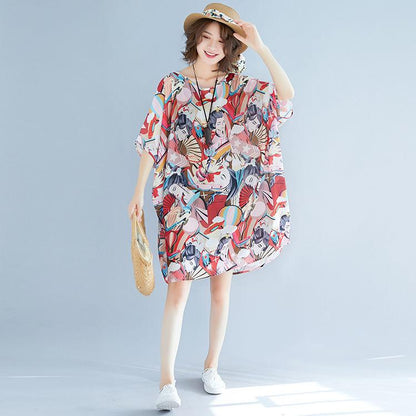 Printing  XL-XXXXXXL Summer Polyester Short-sleeved Knee-length A-line Dress