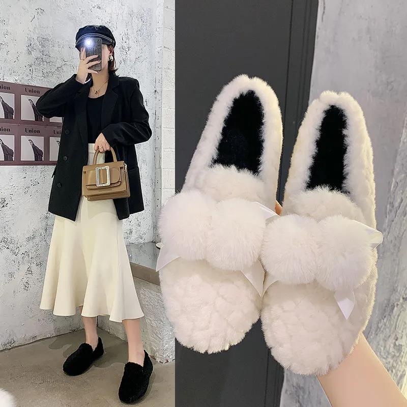 Plush Shoes, Women's Outer Wear, Autumn and Winter Flat-bottomed Lazy One-step Pregnant Women's Shoes Plush Beanie Cotton Shoes Moccasin Shoes