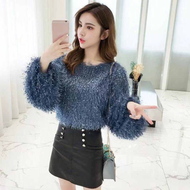 Autumn Korean Fashion Round Neck Long-sleeved Tassels Pure Color Pullover Sweater Women's Temperament Slim Top