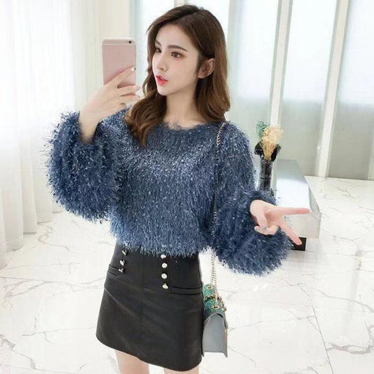 Autumn Korean Fashion Round Neck Long-sleeved Tassels Pure Color Pullover Sweater Women's Temperament Slim Top