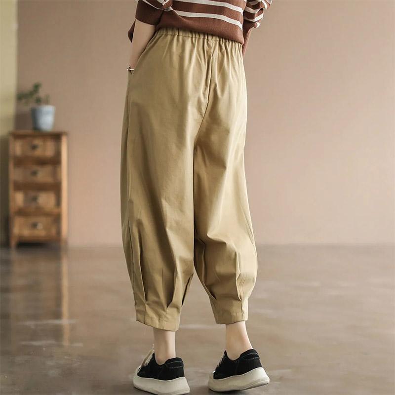 Women's Summer Loose and Thin Harem Pants Ladies Retro Solid Color Casual Pants Elastic Waist Nine-point Pants Comfortable Casual Cropped Cargo Pants