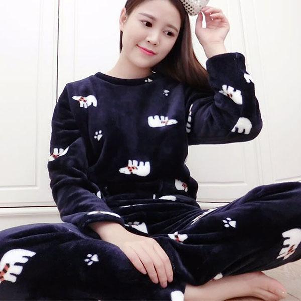 Flannel Pajamas Women Autumn and Winter Thick Sweet Cute Long-sleeved Coral Fleece Plus Size Home Service Suit