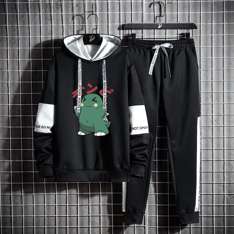 Spring Cartoon Sweater Suit Gangster Cat Teen Student Sports Suit Casual Hooded Pullover and Pants Men
