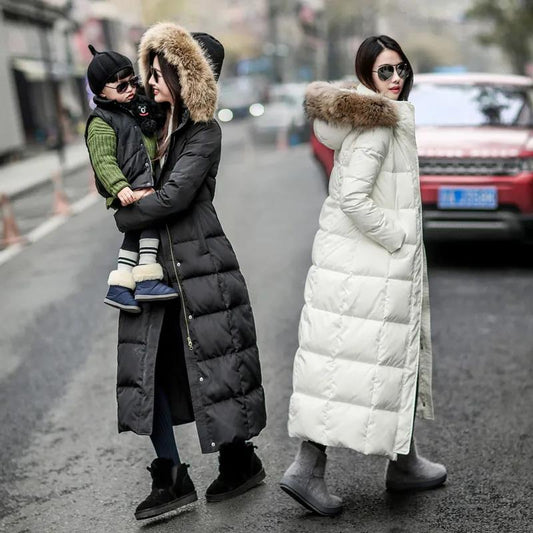 White Down Jacket Jurchen Fur Collar Thicken Long Over The Knee Korean Winter Wear Women's Waist