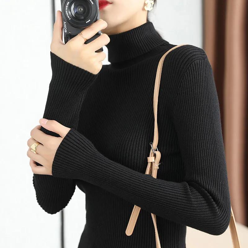 Turtleneck Sweater Women Autumn Winter Fashion High Neck High Neck Sweaters Solid Long Sleeve Pullover Knitwear Black White Knitted Jumper Top Clothes