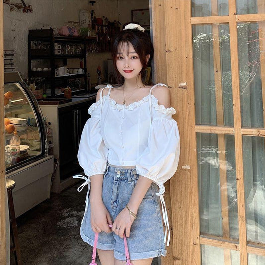 Women - on Shoulder Shoulders Short Solid Color Strap Waist Summer New Korean Design Sense