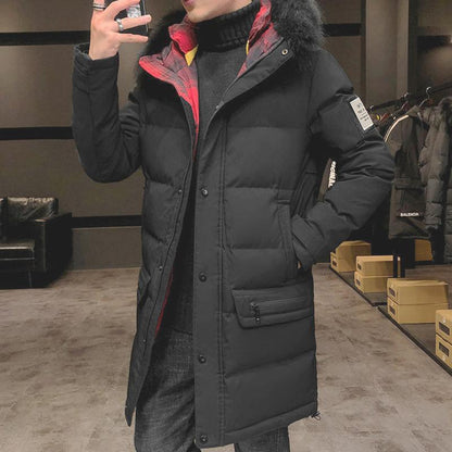 Down Padded Jacket Men's Warm Big Fur Collar Padded Jacket Youth Loose Thick Trend Mid-length Winter Clothes